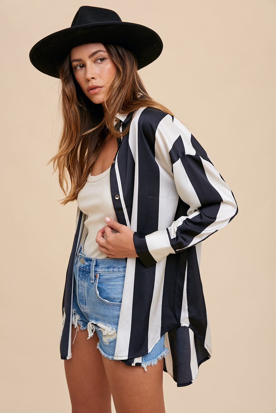 Annie Wear Striped Dropped Shoulder Button Up Shirt