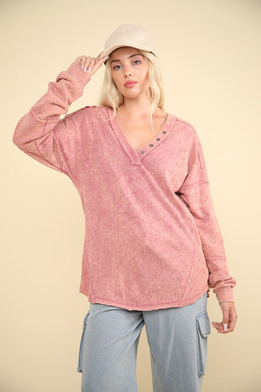 VERY J Washed V-Neck Exposed Seam Knit Top