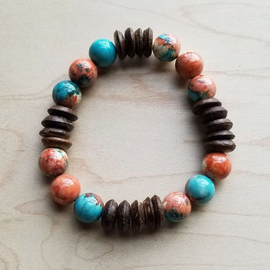 Multi-Colored Turquoise and Wood Stretch Bracelet