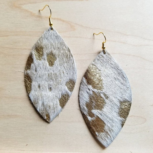 Leather Oval Earrings-Cream and Gold Hair on Hide