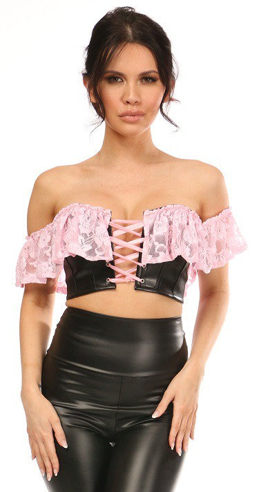 Lt Pink Lace & Faux Leather Bustier Top