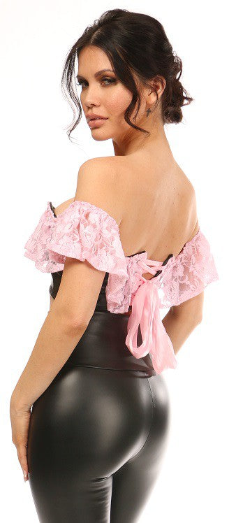 Lt Pink Lace & Faux Leather Bustier Top