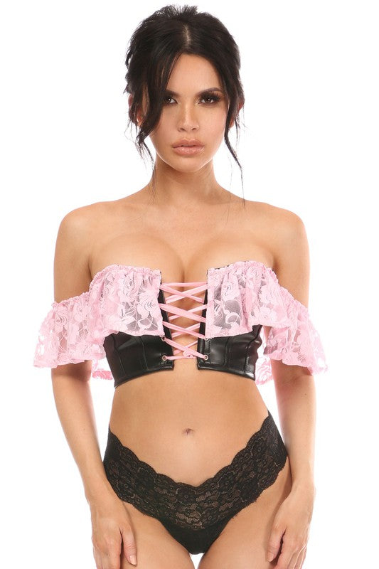 Lt Pink Lace & Faux Leather Bustier Top