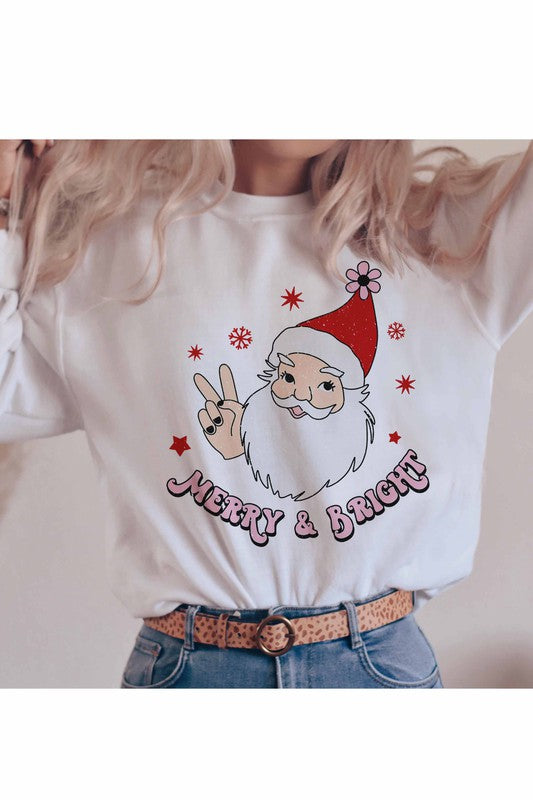 MERRY AND BRIGHT SANTA GRAPHIC SWEATSHIRT