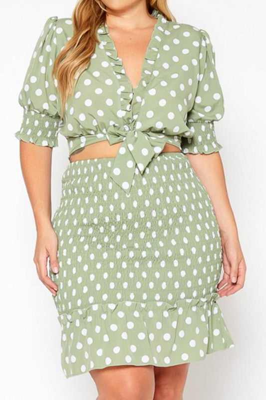 Plus Size Polka Dot Print Crop Top, Mini Skirt Set