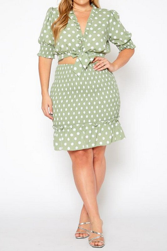 Plus Size Polka Dot Print Crop Top, Mini Skirt Set