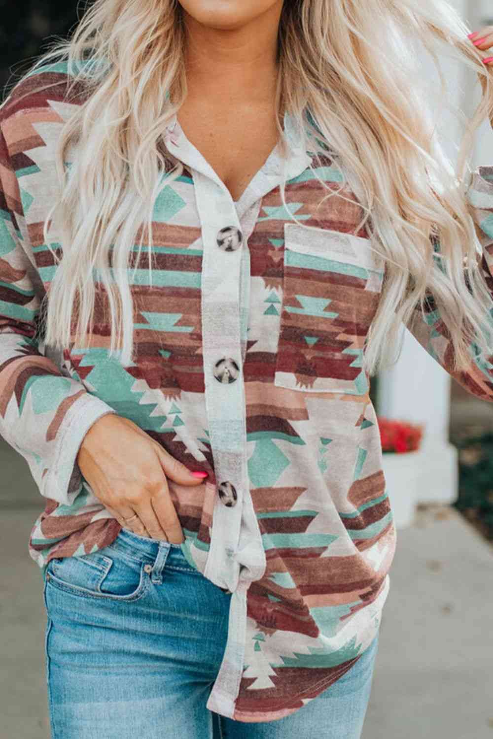 Printed Button Up Long Sleeve Shirt