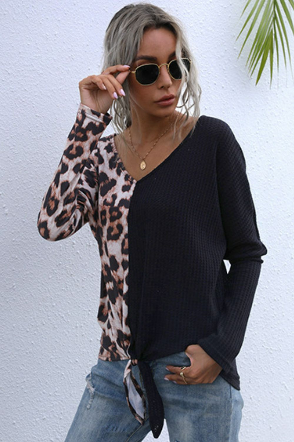 Leopard V-Neck Tie Front Top - Wicked Felina Boutique