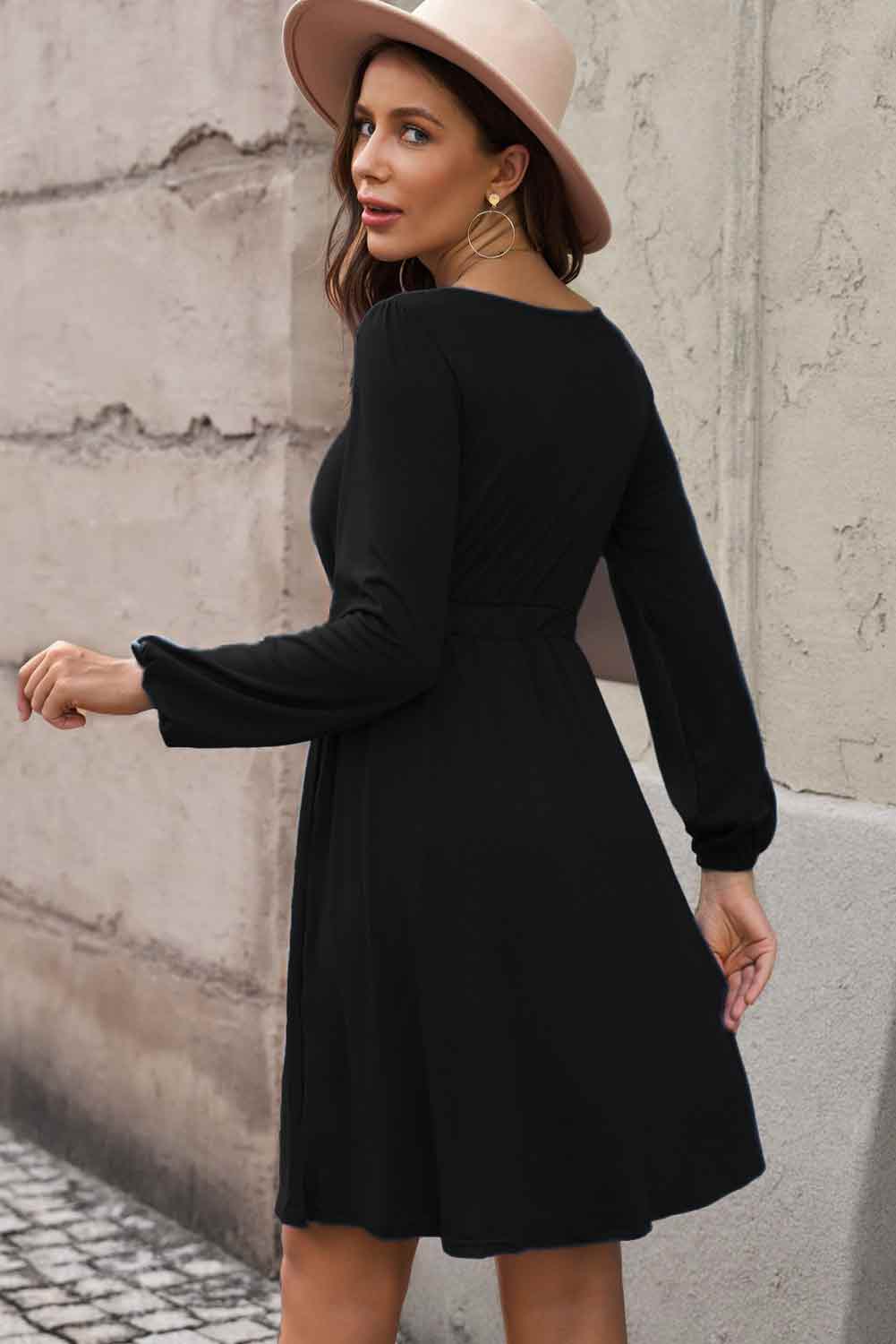 Scoop Neck Empire Waist Long Sleeve Mini Dress - Wicked Felina Boutique