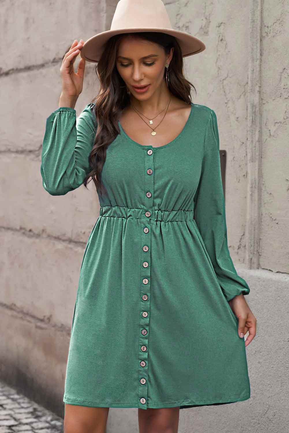 Scoop Neck Empire Waist Long Sleeve Mini Dress - Wicked Felina Boutique