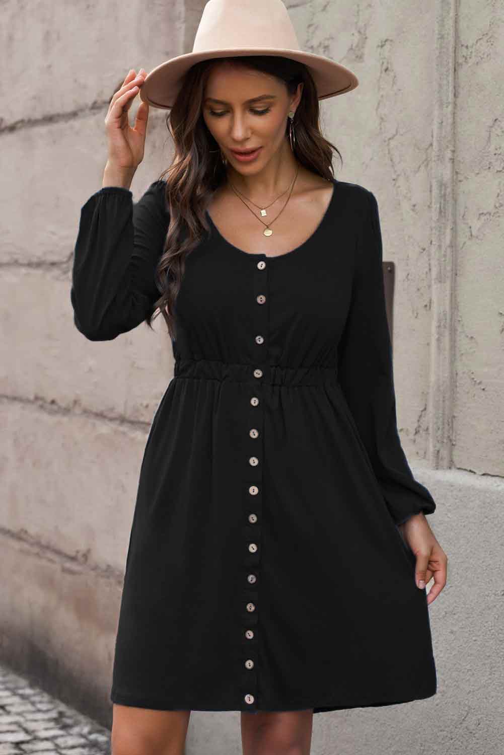 Scoop Neck Empire Waist Long Sleeve Mini Dress - Wicked Felina Boutique