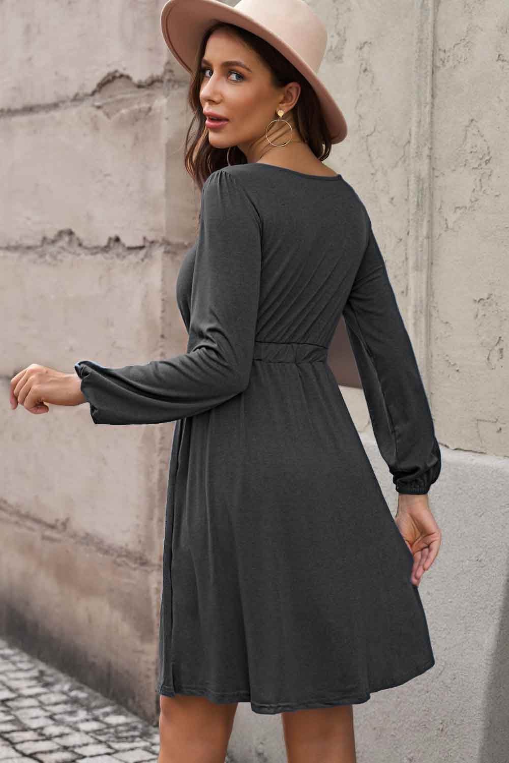 Scoop Neck Empire Waist Long Sleeve Mini Dress - Wicked Felina Boutique