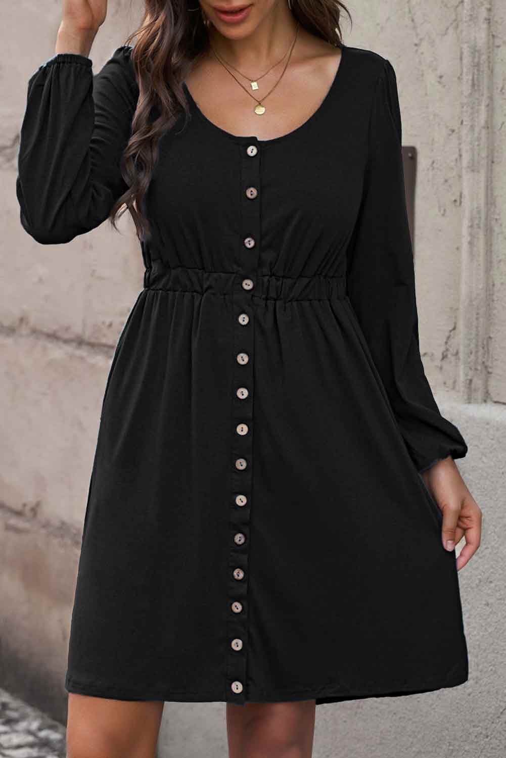 Scoop Neck Empire Waist Long Sleeve Mini Dress - Wicked Felina Boutique