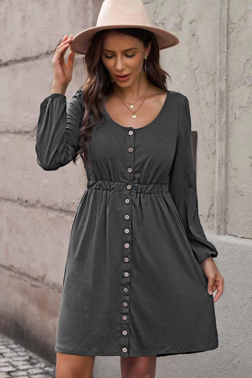 Scoop Neck Empire Waist Long Sleeve Mini Dress - Wicked Felina Boutique